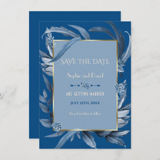 Moderne Klassieke Blauwe Bladeren Goud Save The Da Kaart (Voorkant / Achterkant)