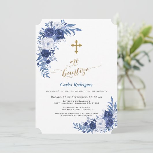 Moderne Klassieke Blauwe Bloemen Kruis Jongen Mi B Kaart (Staand voorkant)