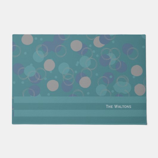 Moderne klassieke blauwe cirkels, achternaam deurmat (Voorkant)