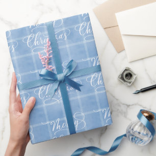 Moderne Klassieke Blauwe Geruite Prettig Kerstfees Cadeaupapier