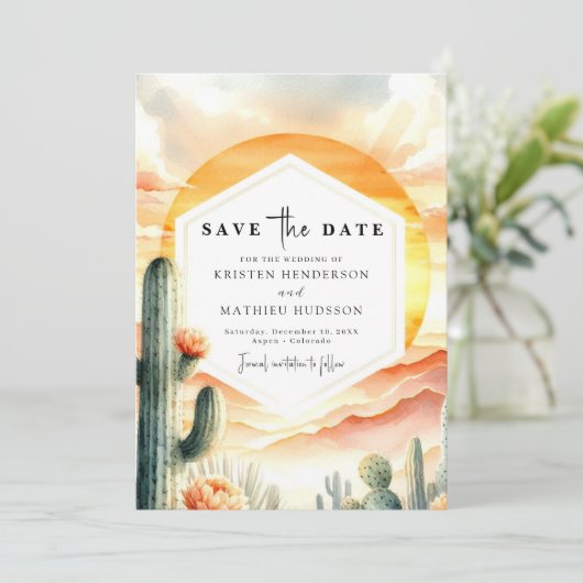 Moderne klassieke cactus bruiloft save the date (Staand voorkant)