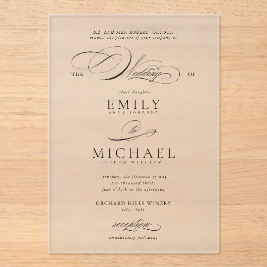Moderne klassieke elegante script bruiloft acryl uitnodigingen (Voorkant)