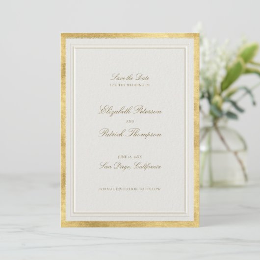 Moderne Klassieke Formele Nep Gouden Ecru Bruiloft Save The Date (Staand voorkant)