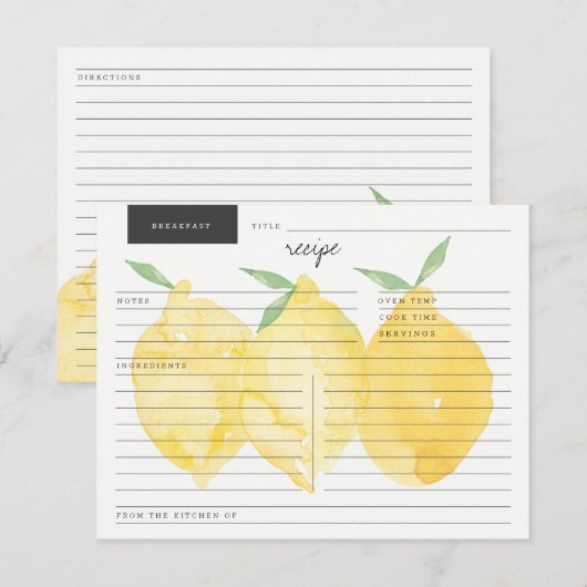 Moderne Klassieke gele Lemon Recipe Kaart (Voorkant / Achterkant)