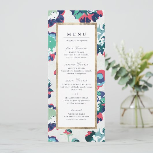 Moderne, klassieke groene abstracte bruinktbruilof menu (Staand voorkant)