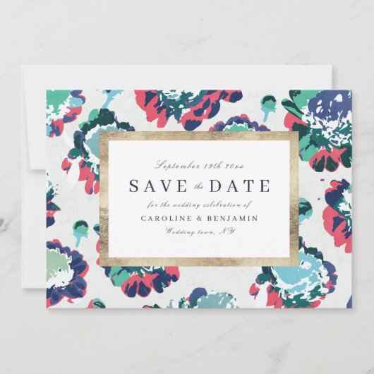 Moderne klassieke groene gouden abstracte bloem save the date (Voorkant)