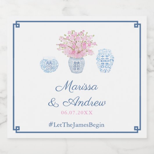 Moderne Klassieke Marine & Blush Ginger Jar Bruilo Sparkling Wijnetiket (Enkel label)