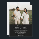 Moderne klassieke minimalistische zwarte foto-brui kaart<br><div class="desc">Deze moderne, klassieke, minimalistische uitnodiging voor een zwarte fotobruiloft is perfect voor uw elegante moderne bruiloft. Dit ontwerp is voorzien van witte eenvoudige kalligrafie die op een donkere zwarte achtergrond is geplaatst om te passen aan uw klassieke bruiloft of minimalistische boho bruiloft in de lente, zomer, herfst of winter. Geef...</div>