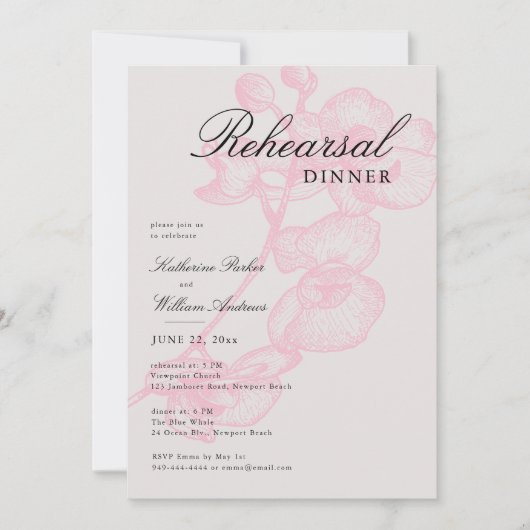 Moderne Klassieke Roze Schets Rehearsal Dinner Kaart (Voorkant)