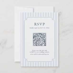 Moderne Klassieke Strepen Stofblauw Vintage QR Cod RSVP Kaartje