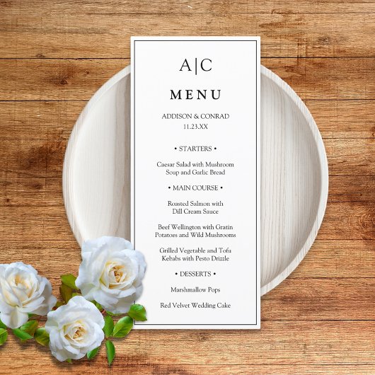 Moderne Klassieke Witte Monogram Huwelijk Flat Men Menu