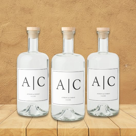 Moderne Klassieke Witte Monogram Huwelijk Likeurfles Etiket