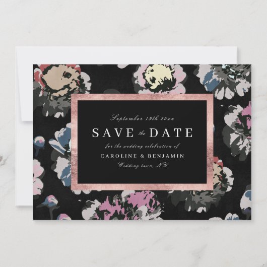 Moderne klassieke zwarte abstracte bloem save the date (Voorkant)