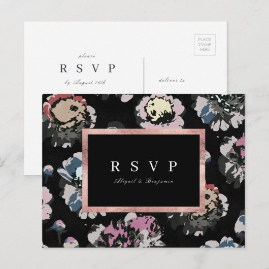 Moderne klassieke zwarte abstracte bloemenbruiloft uitnodiging briefkaart (Voorkant / Achterkant)