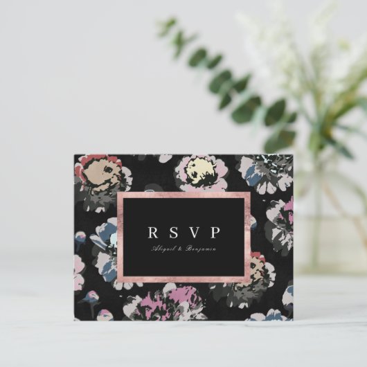 Moderne klassieke zwarte abstracte bloemenbruiloft uitnodiging briefkaart (Staand voorkant)