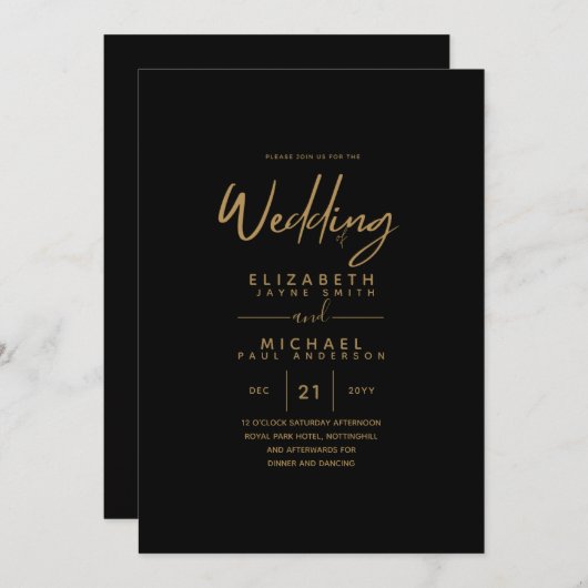 Moderne Klassieke Zwarte Gouden Budget Trouw Uitno Kaart (Voorkant / Achterkant)
