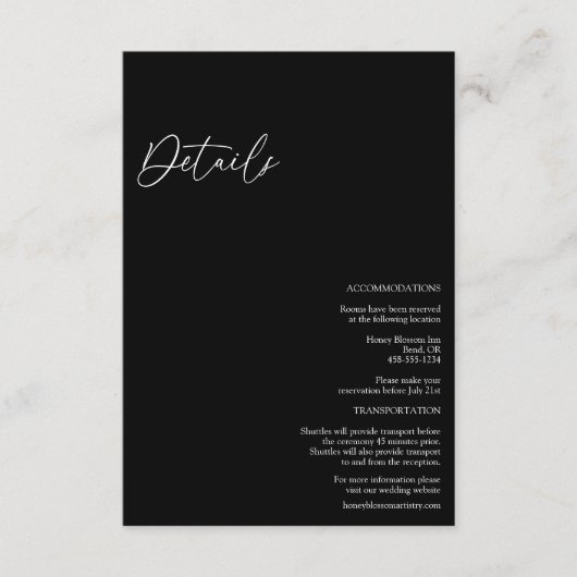 Moderne Klassieke Zwarte Huwelijksdetails Informatiekaartje (Voorkant)