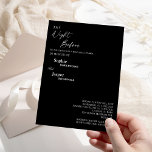 Moderne klassieke zwarte nacht voor repetitie kaart<br><div class="desc">Deze moderne klassieke zwarte nacht voor de repetitieve diner is perfect voor je elegante moderne bruiloft. Dit ontwerp is voorzien van witte eenvoudige kalligrafie die op een donkere zwarte achtergrond is geplaatst om te passen aan uw klassieke bruiloft of minimalistische boho bruiloft in de lente, zomer, herfst of winter. Geef...</div>