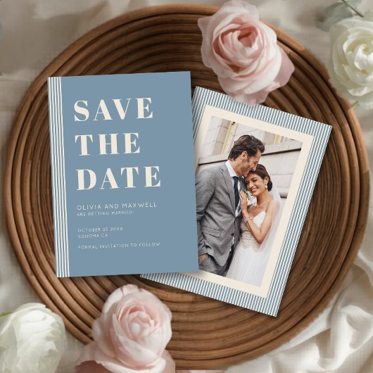 Moderne Klassieker Save The Date Blauwe Gestreepte Kaart