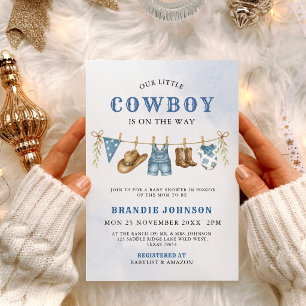 Moderne Kleine Cowboy Baby Shower Blauwe Waslijn Kaart