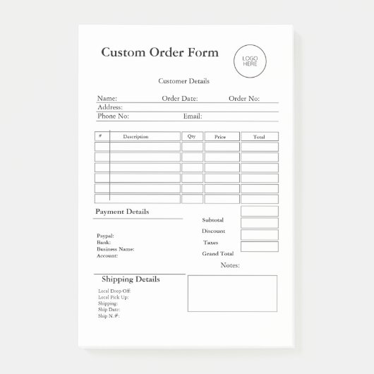 Moderne kleine onderneming aangepaste orderverkoop post-it® notes (Voorkant)