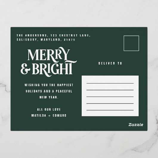 Moderne kleine traditionele groene kerst folie feestdagen briefkaart (Achterkant)