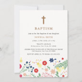 Moderne Kleine Wildbloem Patroon Cross Doop Kaart (Voorkant)
