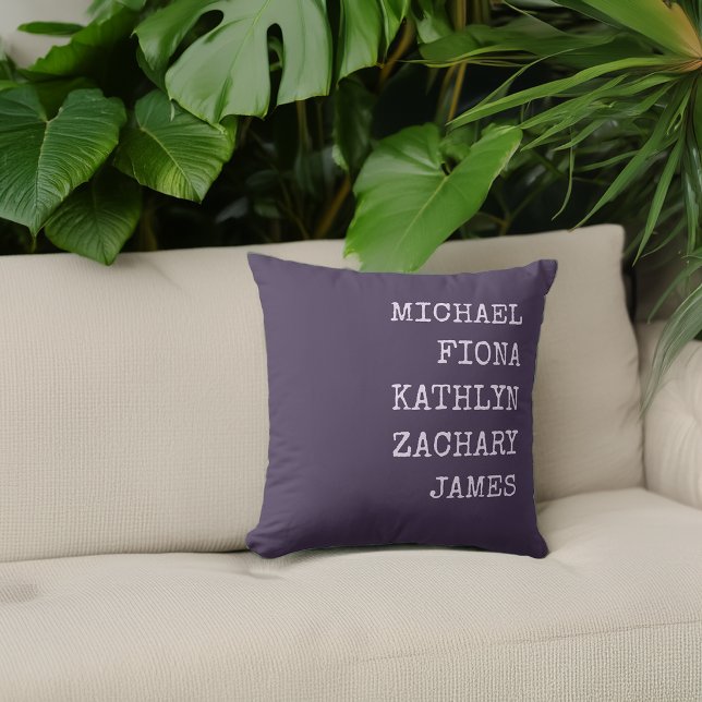 Moderne kleinkinderen Names Paars Kussen (Modern Grandkids Names Purple Throw Pillow)