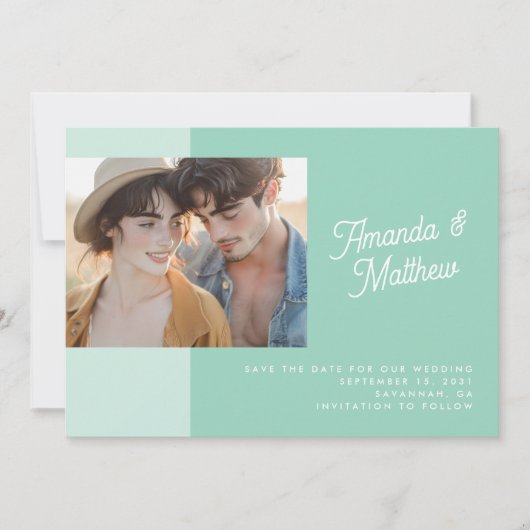 Moderne Kleur Blok Mint Groene Foto bruiloft Save The Date (Voorkant)