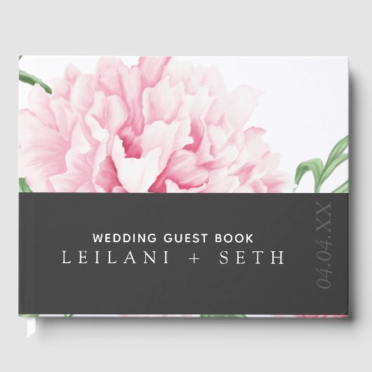 Moderne kleur Blok Roze Pioen Bloemen Bruiloft Gastenboek (Voorkant)