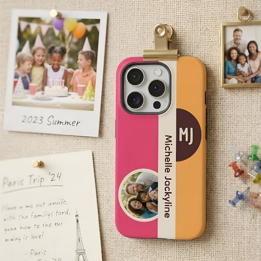 Moderne Kleurblok Aangepaste Foto Monogram & Naam iPhone Hoesje