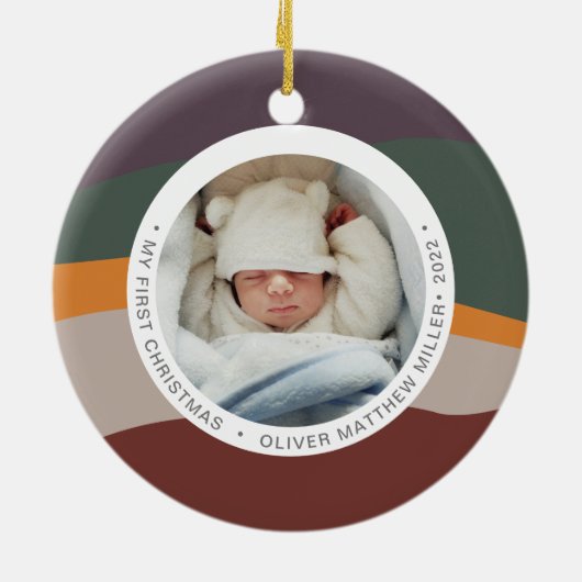 Moderne kleurenblok Mijn eerste kerstkleurrijke ke Keramisch Ornament (Achterkant)