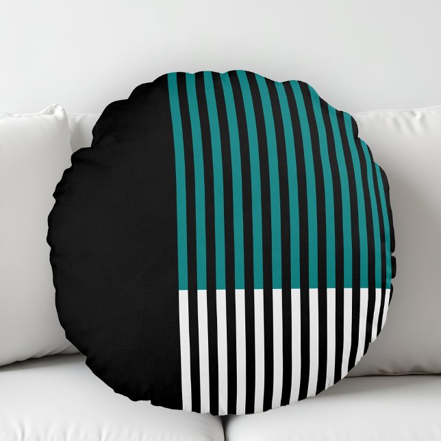 Moderne kleurenblok Striped Blauwgroen Black White Rond Kussen (Creator heeft geüpload)