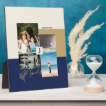 Moderne kleurenblokfamilie Gift Photo Collage Fotoplaat<br><div class="desc">Leg je speciale momenten vast met deze moderne fotoplaque. Dit aangepaste fotocollage-plaatje biedt stijlvolle kleurenblokken en typografie met een blauw en goudkleurthema voor de marine. Vervang deze vier fotocollages door u en personaliseer de tekst met uw familienaam en initialen.</div>