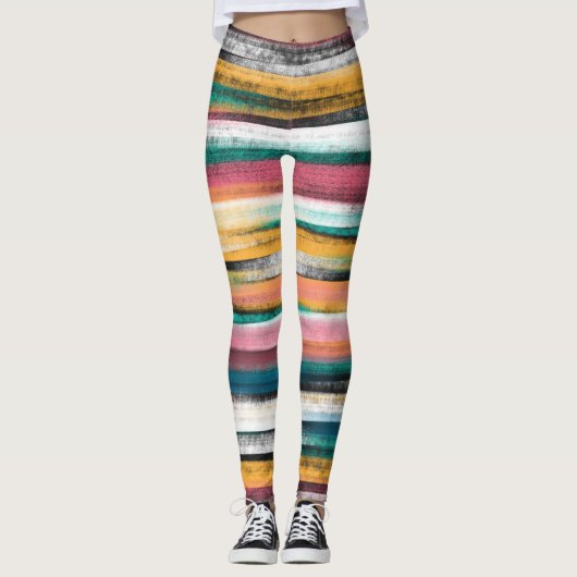 Moderne kleurige penseelstreken Stripes olieverf Leggings (Voorkant)