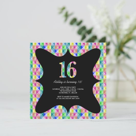 Moderne, kleurrijke 16 uitnodigingen (Staand voorkant)