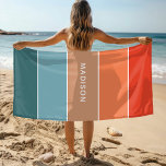 Moderne kleurrijke aarde Colorblock Persoonlijke n Strandlaken<br><div class="desc">Dit kleurrijke en moderne ontwerp heeft een kleurenblokpatroon in blauw,  bruin en sinaasappel met uw persoonlijke naam #swimming #beach #towels #vacation</div>