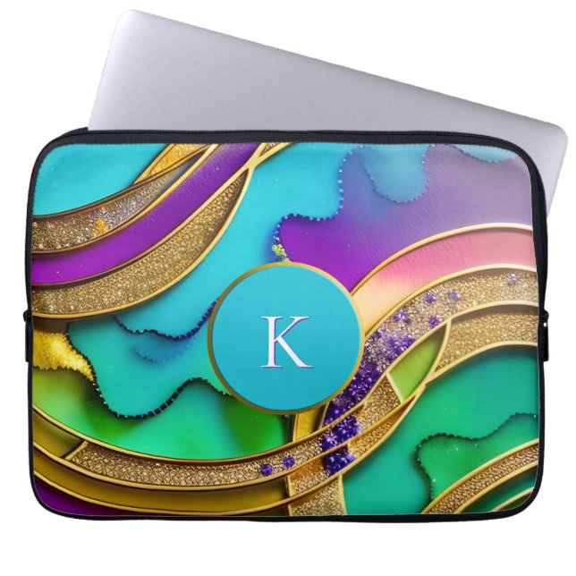 Moderne kleurrijke Abstracte juwelen en goudmonogr Laptop Sleeve (Voorkant)