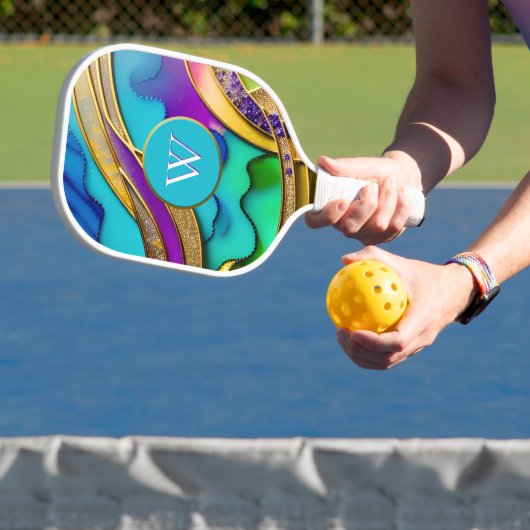 Moderne kleurrijke Abstracte juwelen en goudmonogr Pickleball Paddle (Insitu)