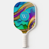 Moderne kleurrijke Abstracte juwelen en goudmonogr Pickleball Paddle (Voorkant)