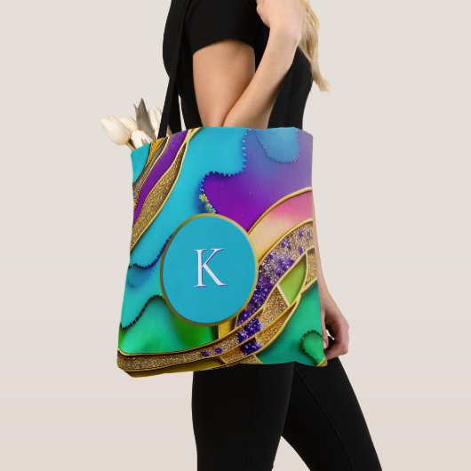 Moderne kleurrijke Abstracte juwelen en goudmonogr Tote Bag (Dichtbij)