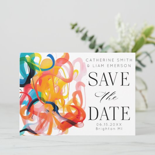 Moderne kleurrijke abstracte kunst Save the Date (Staand voorkant)