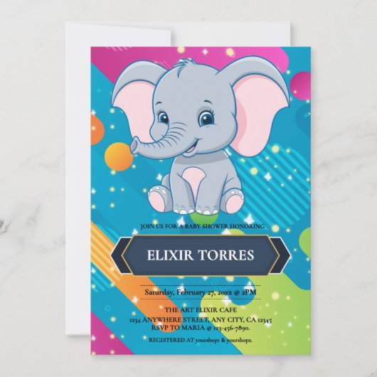 Moderne Kleurrijke Blauwe Olifant Baby Shower Kaart (Voorkant)