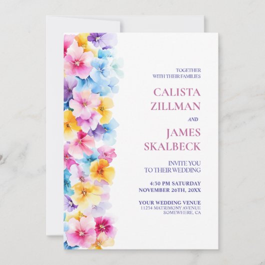 Moderne kleurrijke bloemen alles in één bruiloft kaart (Voorkant)