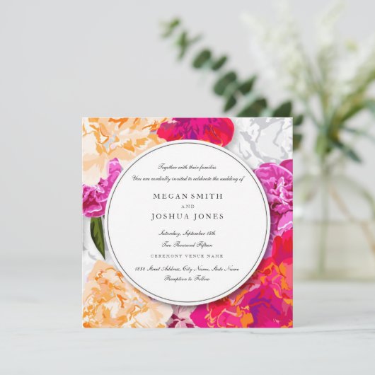Moderne kleurrijke bloemenkrans bruiloft uitnodigi kaart (Staand voorkant)