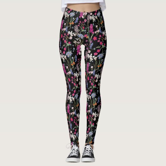 Moderne kleurrijke bloemenpatroon zwarte achtergro leggings (Voorkant)