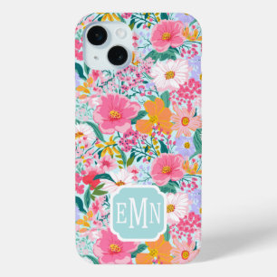 Moderne Kleurrijke Bloementuin Monogram iPhone 15 Mini Hoesje