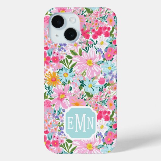 Moderne Kleurrijke Bloementuin Monogram Case-Mate iPhone Case (Achterkant)