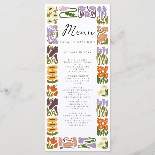 Moderne Kleurrijke Boho Chic Bruiloft Menu (Voorkant)