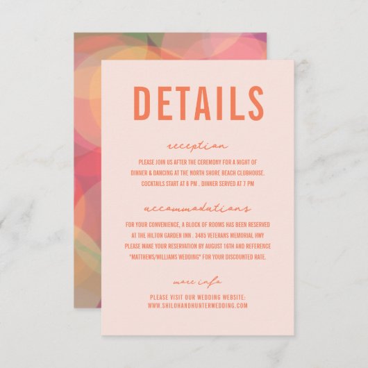 Moderne Kleurrijke Bokeh Lights Perzik Bruiloft Informatiekaartje (Voorkant / Achterkant)